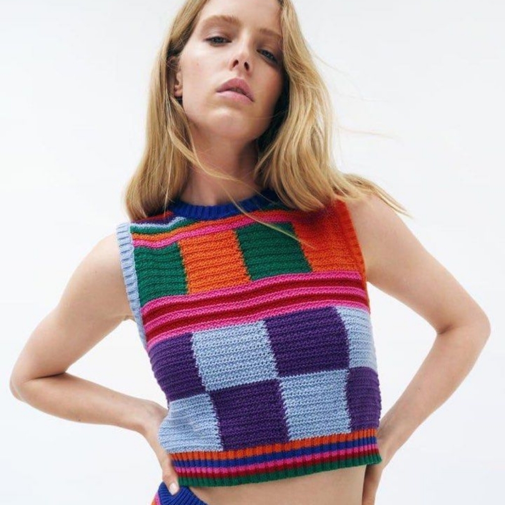 Zara Checkered Crochet Knit Sleeveless Top S